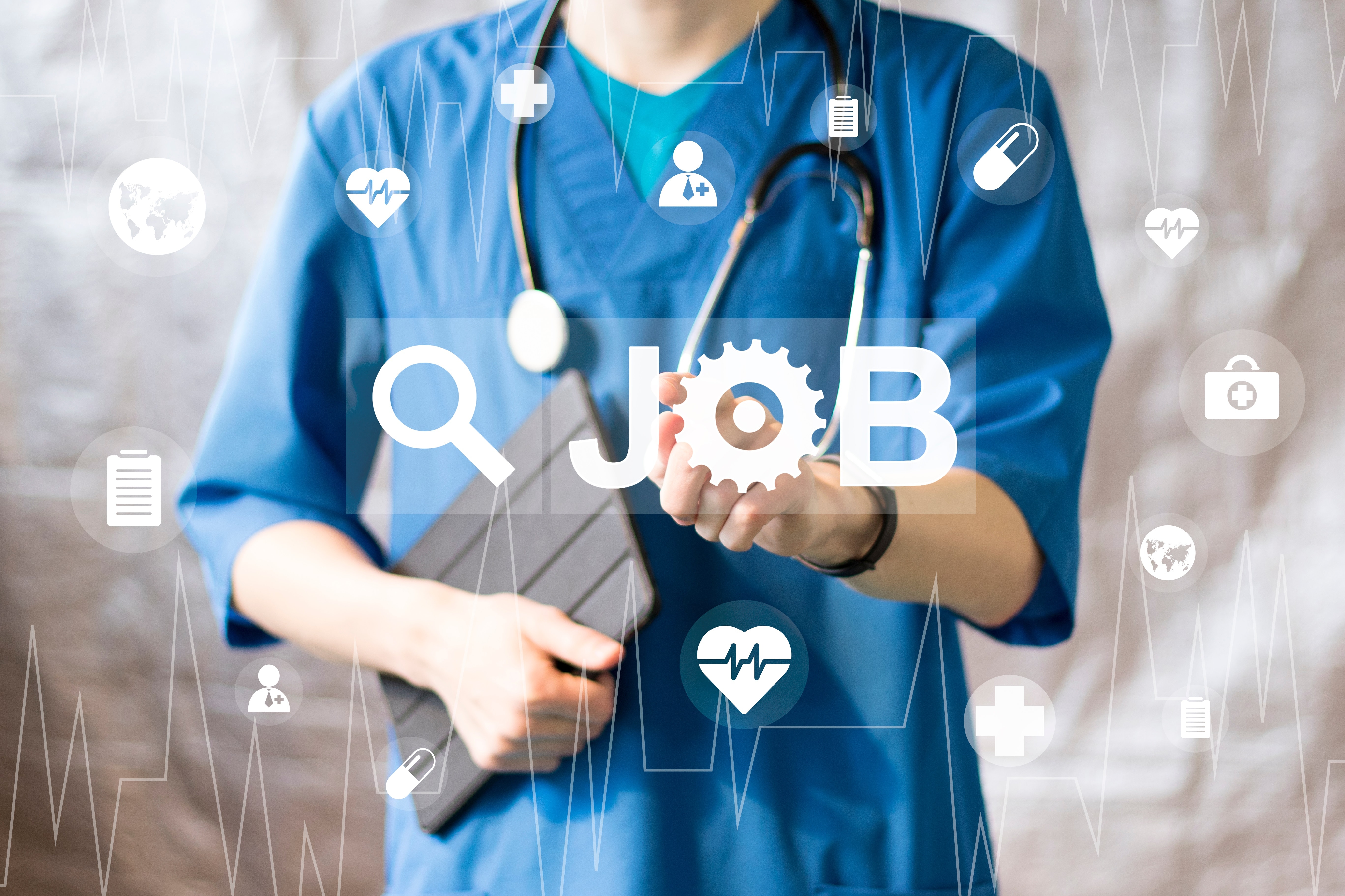 Healthcare professional pushing a job button